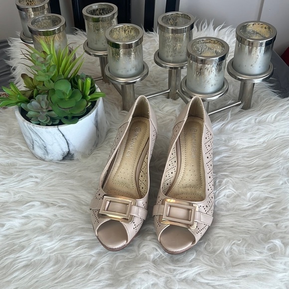 Michaela Women’s Nude/Brown Laser Cut Open Toe Wedge Sandals Size EU 37 - Picture 1 of 14